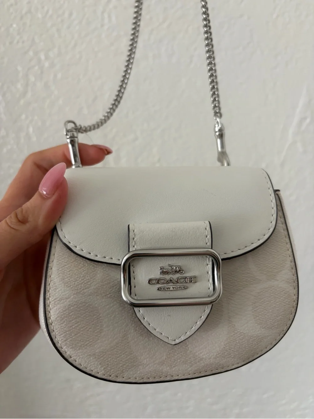 Coach White Leather Mini Saddle Bag with Silver Chain